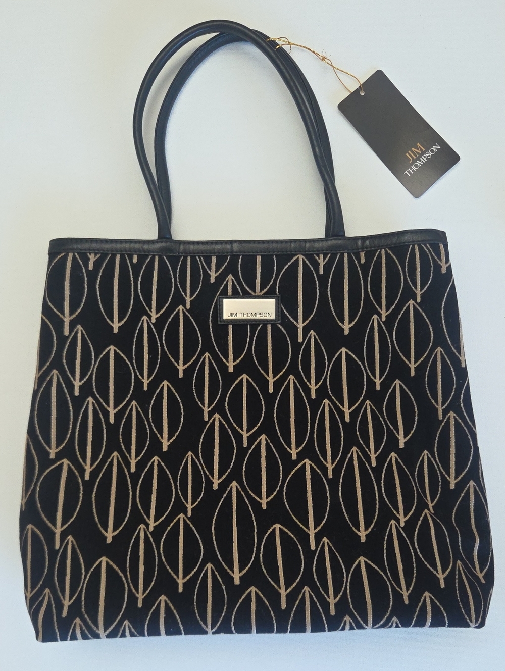 Jim Thompson Black Leaf Jacquard Tote Bag Leather Handles Tag Attached